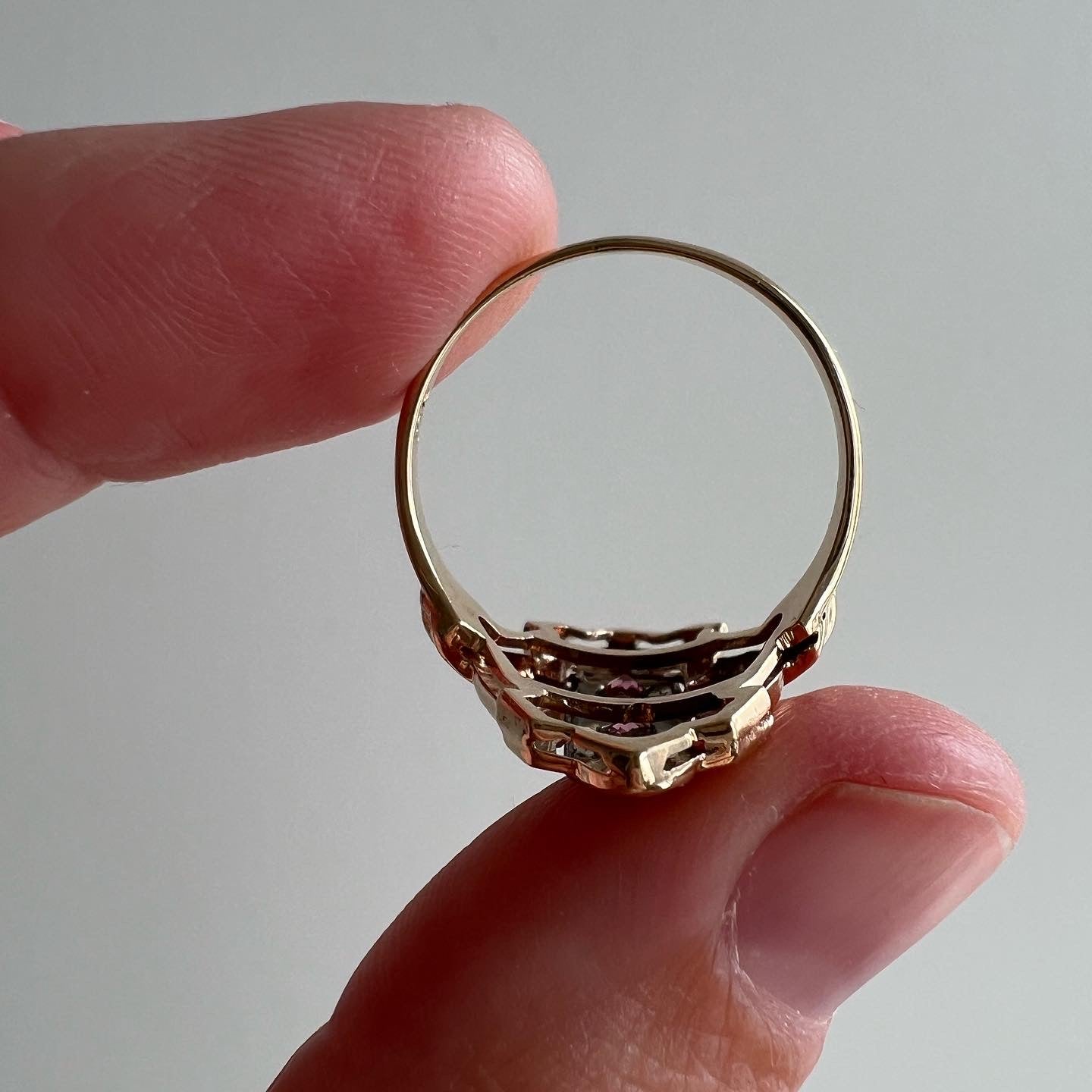 reimagined V I N T A G E // rhodolite dress up / 10k yellow and white gold with pink rhodolite garnets / 1940s does 1920s art deco / size 7