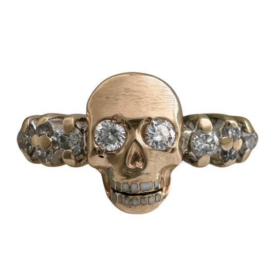 reimagined V I N T A G E // memento mori / solid 14k yellow gold and diamond skull ring /  size 6