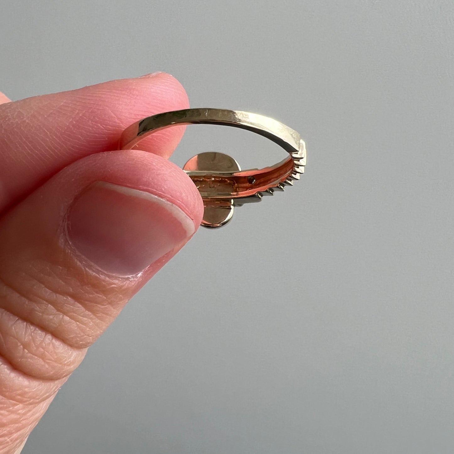 reimagined V I N T A G E // green eyed memento mori / 10k yellow gold and diamond skull stacking ring / size 5.75