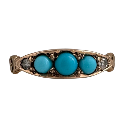 A N T I Q U E // baby blue boat / 10k rosy yellow gold boat ring with turquoise and diamonds / size 6.25