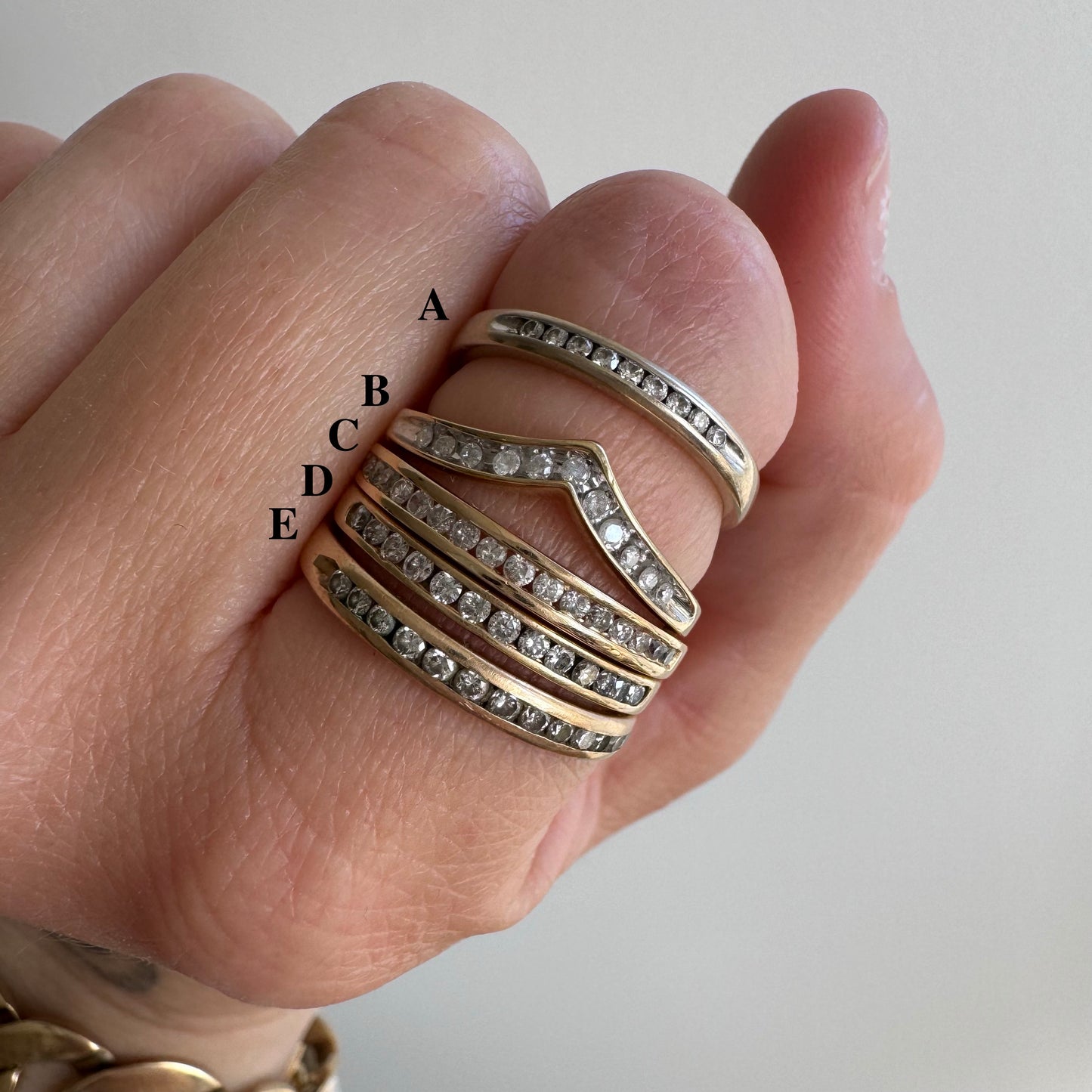 V I N T A G E // shop by style / gold stacking bands with channel set diamonds / sizes 5.5 to 9.25