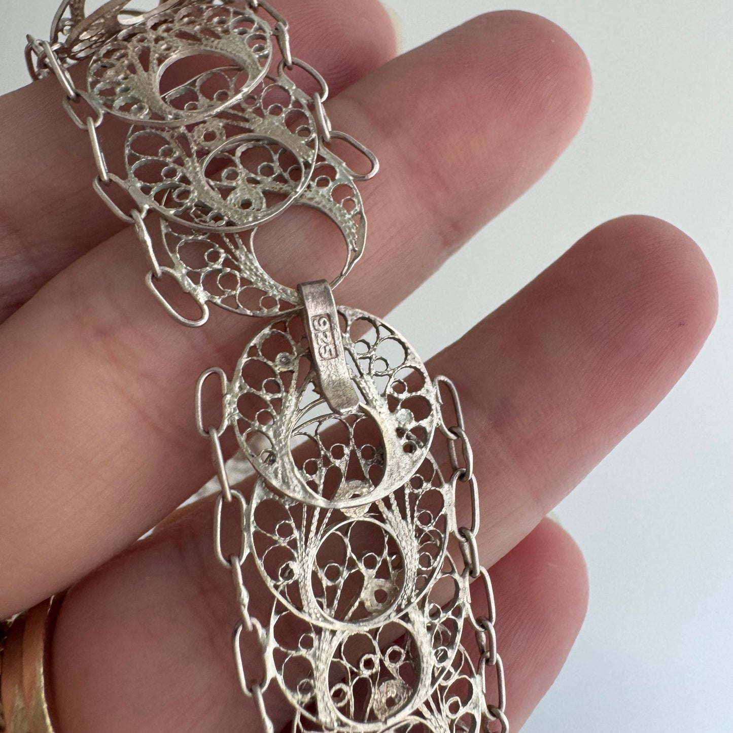 V I N T A G E // many many moons / sterling silver crescent moon filigree link flat chain necklace / 15", 18.8g