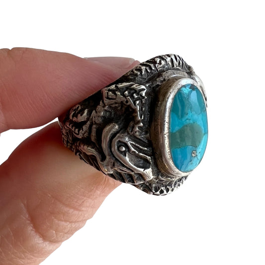 V I N T A G E // dancing dragons / sterling silver and turquoise signet ring / size 8