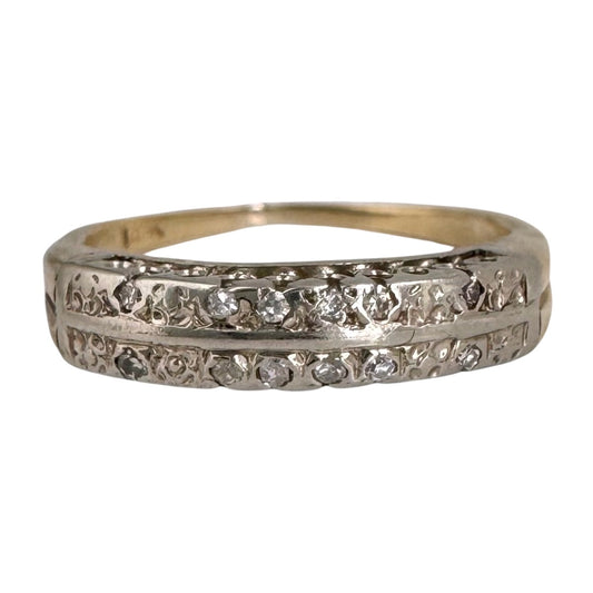 V I N T A G E // garden rows / 14k yellow and white gold floral half eternity band with diamonds / size 4.75