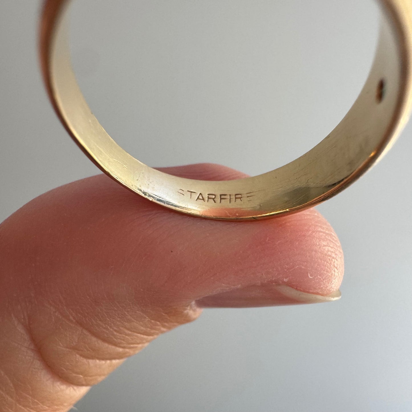 V I N T A G E // subtle stars / 14k and emerald trilogy half eternity tapered wide band / size ~7.25