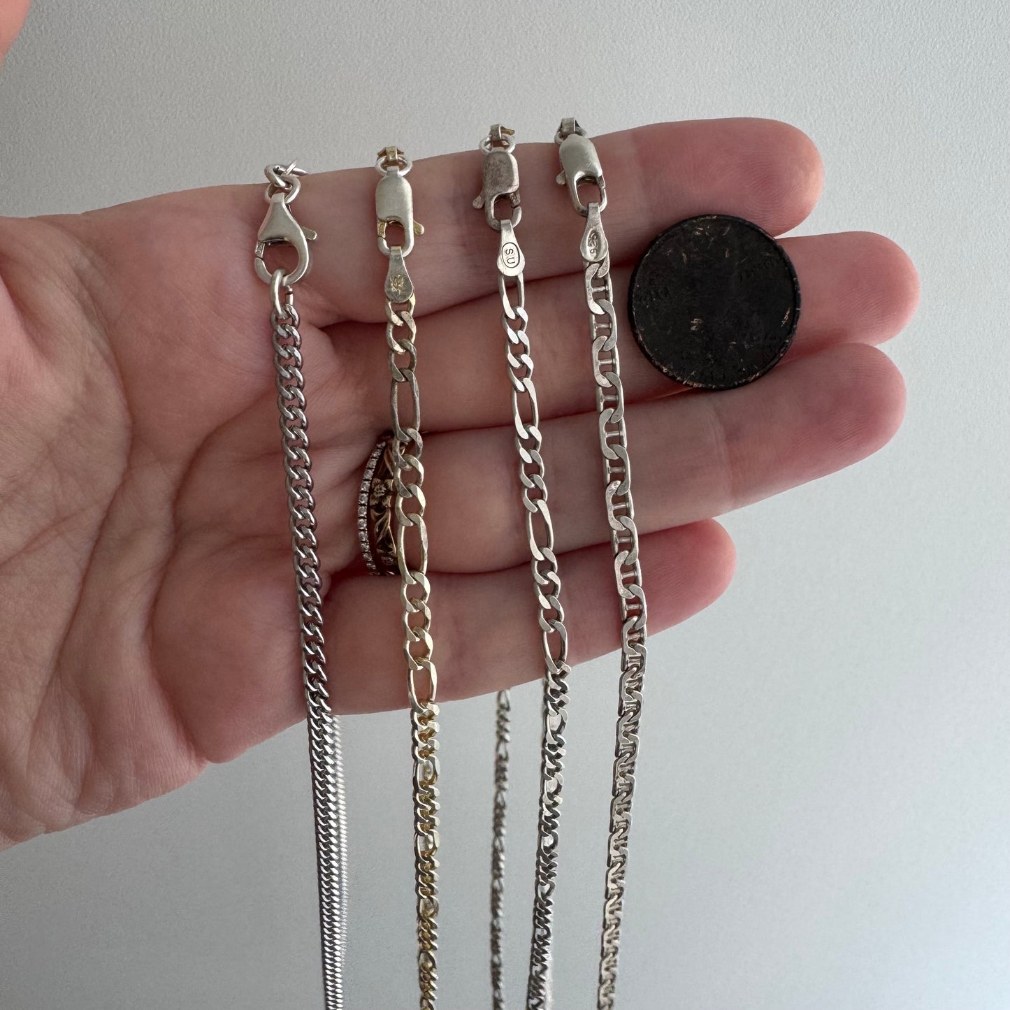 V I N T A G E // flat layers / sterling silver flat link pendant chain necklaces / figaro curb anchor