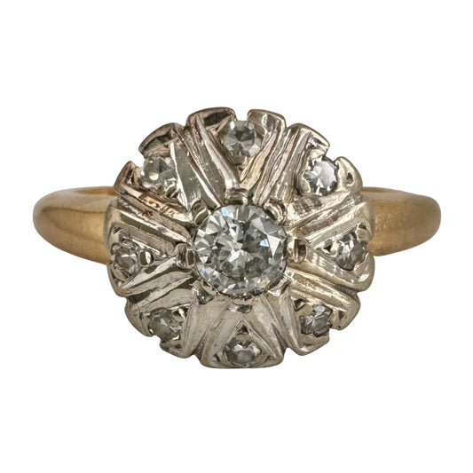 V I N T A G E // star daisy / bicolor 14k and diamond celestial floral cluster ring / size 4.75 to 5
