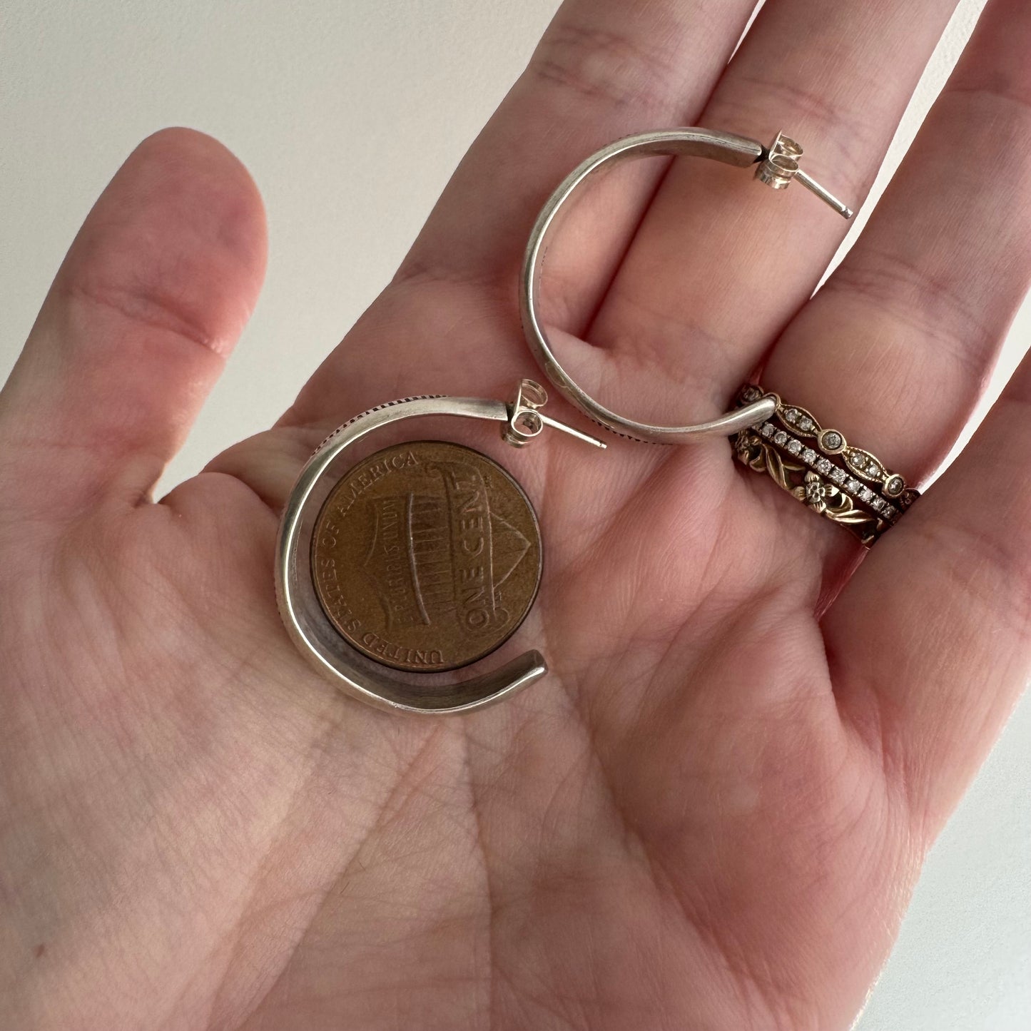 V I N T A G E // stamped crescents / sterling silver flat stamped artisan hoops / post hoop earrings