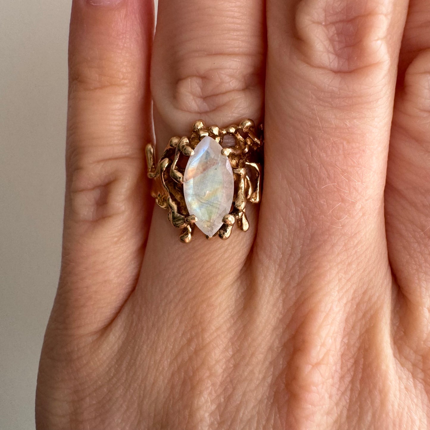 reimagined V I N T A G E // rainbow portal / 10k brutalist ring with rainbow moonstone / size 5.5