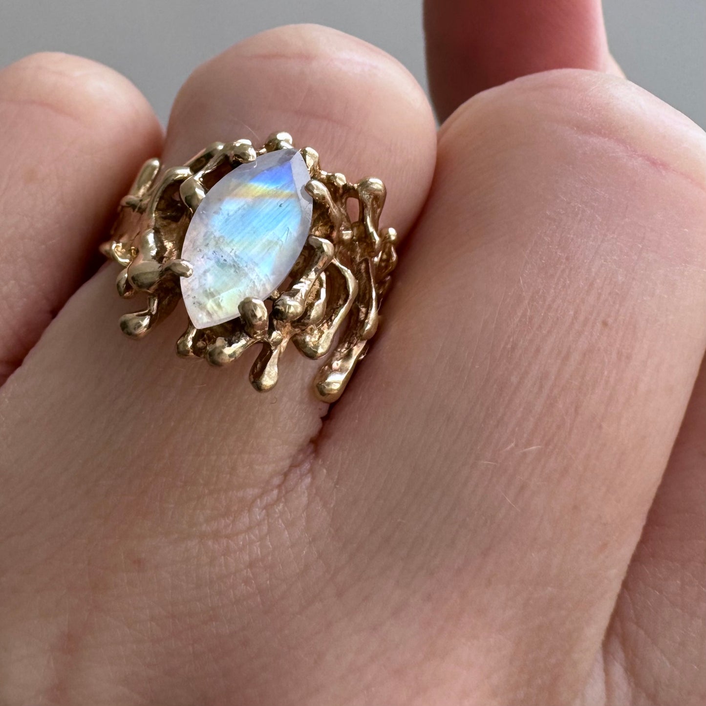 reimagined V I N T A G E // rainbow portal / 10k brutalist ring with rainbow moonstone / size 5.5