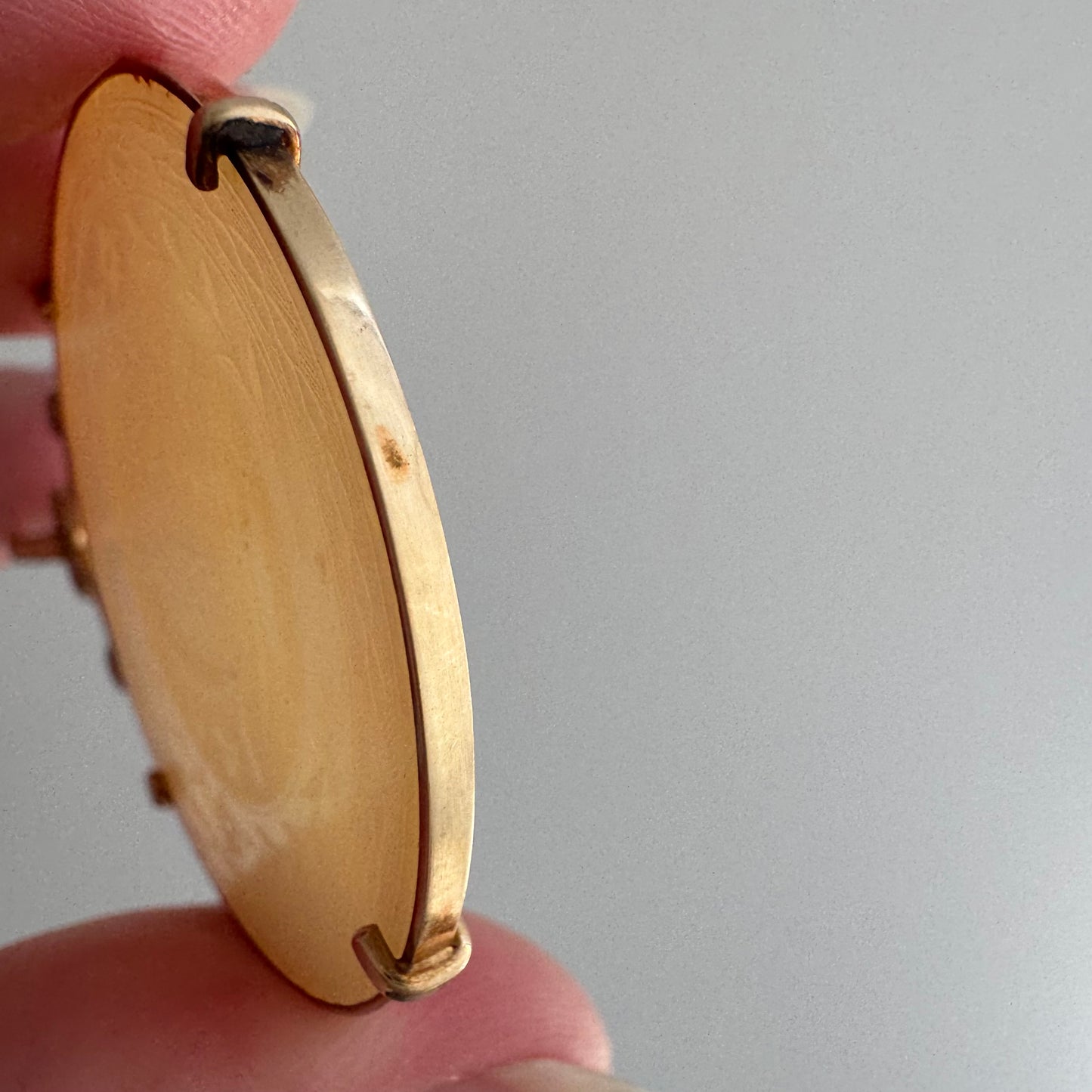 reworked A N T I Q U E // fruits of our labor / solid 14k yellow gold framed antique Chinese gambling chip pendant / carved mother of pearl