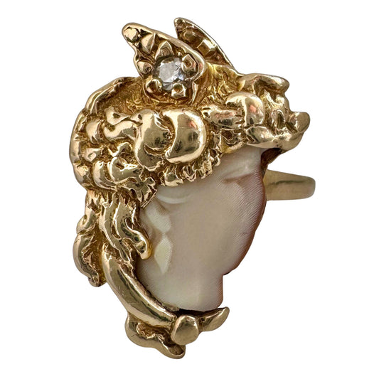 V I N T A G E // Rondanini Medusa / 14k yellow gold with carved shell and diamond ring / size 8