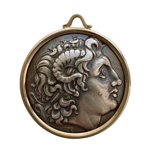 V I N T A G E // framed Lysimachus Alexander the Great / 14k frame and silver Roman coin replica / a pendant