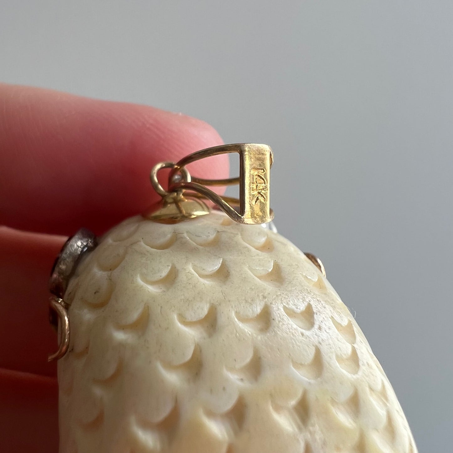 V I N T A G E // parliamentary matriarch / HUGE carved bone owl pendant with 14k and ruby accents