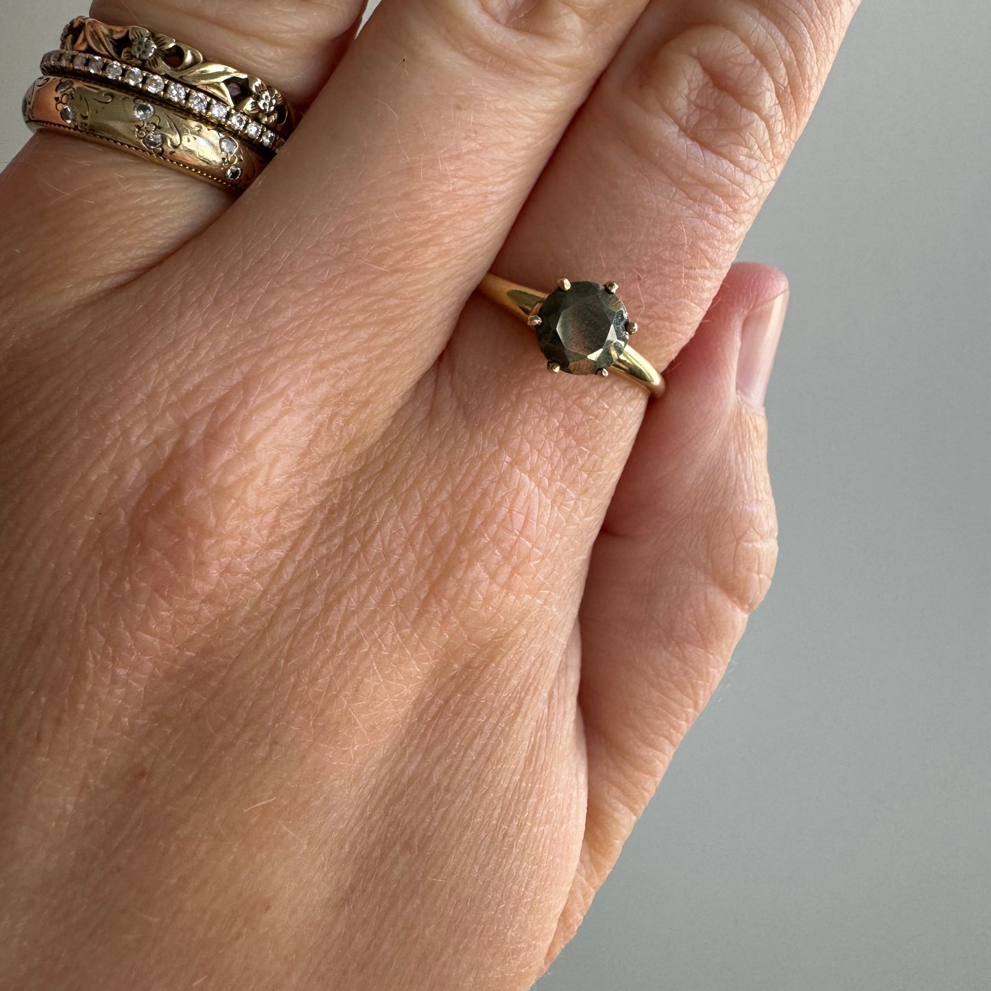 reimagined V I N T A G E // foolish solitaire / 10k and pyrite solitaire stacking ring / size 8 to 8.25