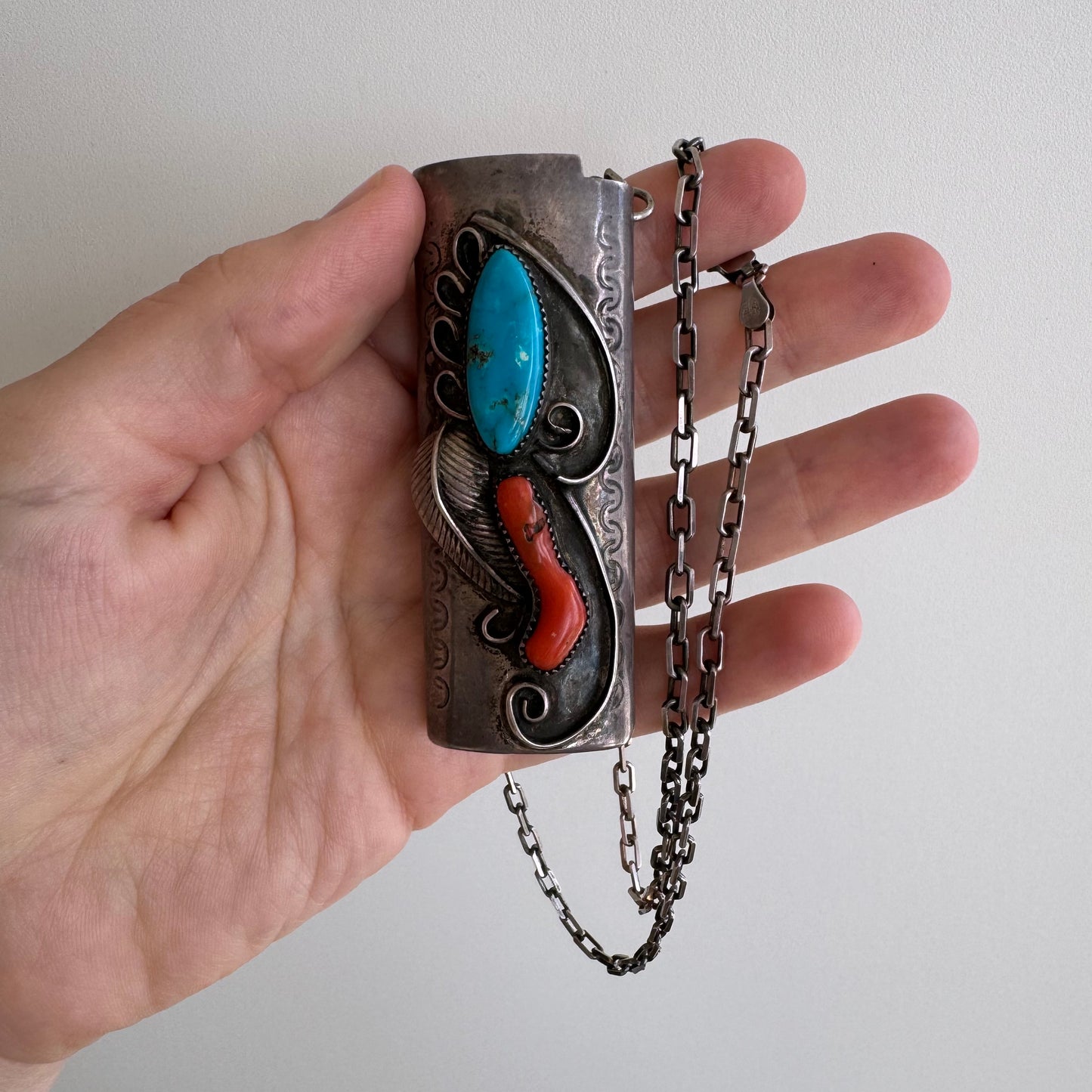 reimagined V I N T A G E // wearable lighter case / sterling silver bic lighter case pendant necklace with turquoise and coral / 23.25", 37g