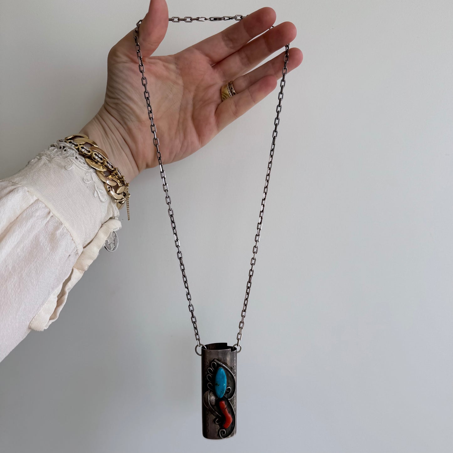 reimagined V I N T A G E // wearable lighter case / sterling silver bic lighter case pendant necklace with turquoise and coral / 23.25", 37g