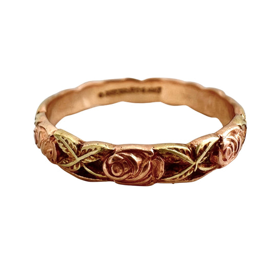 V I N T A G E // wildest rose / 14k yellow gold ring by Artcarved with rose and green gold overlay / just shy of size 6.25