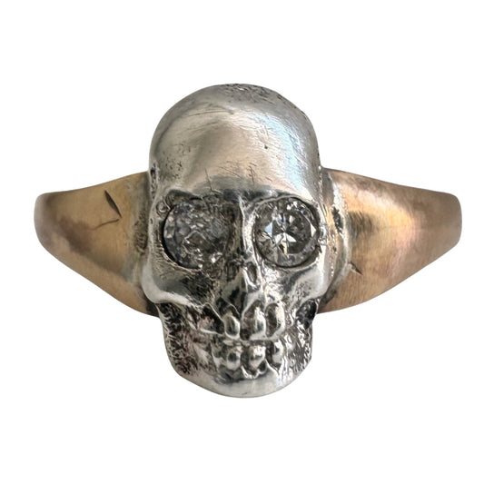 reimagined V I N T A G E // bicolor Memento Mori / 9ct and sterling silver signet ring with diamonds / a skull ring / size 7 to 7.25