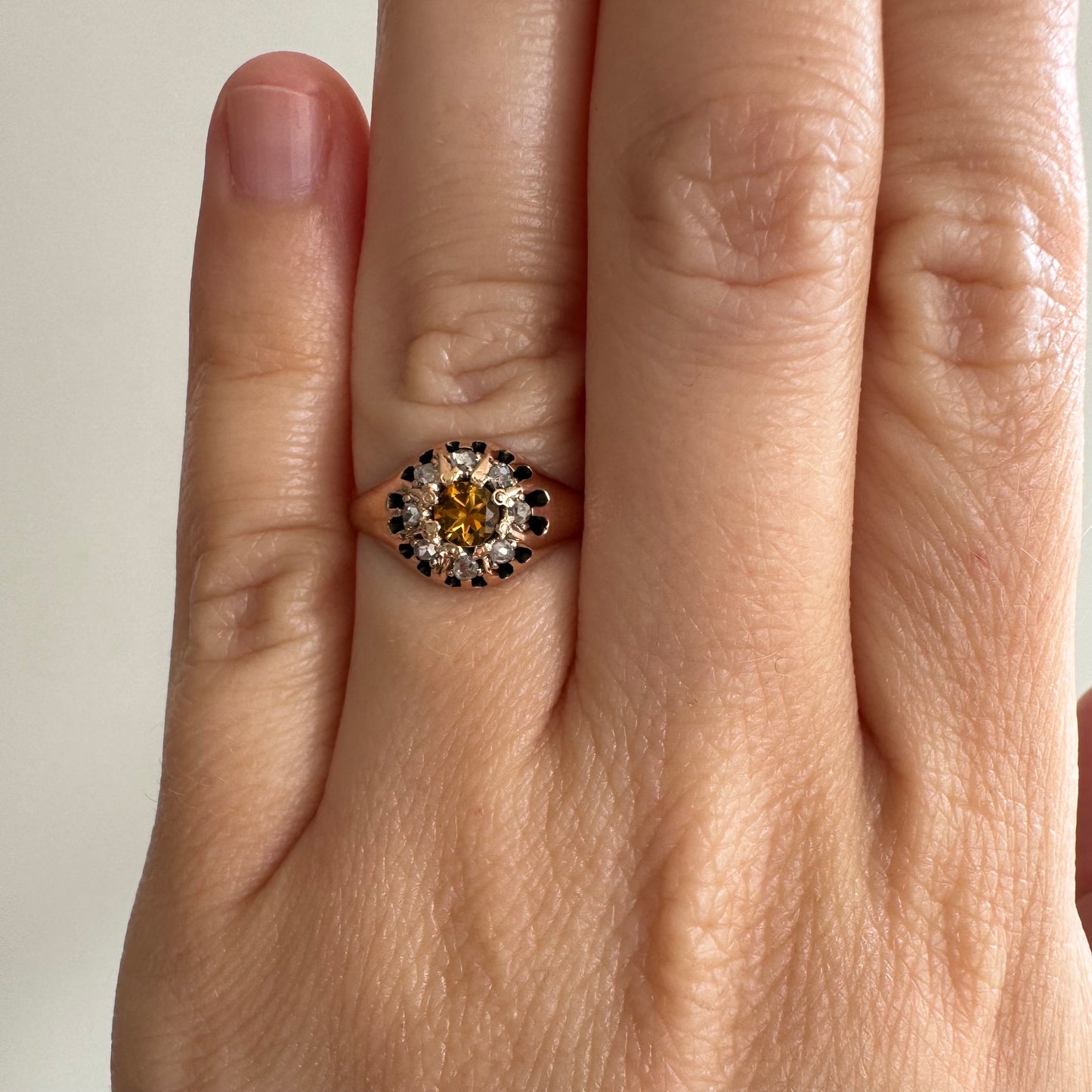 A N T I Q U E // daisy halo / 10k victorian rosy gold halo cluster ring with rose cut diamonds and citrine / size 5.75
