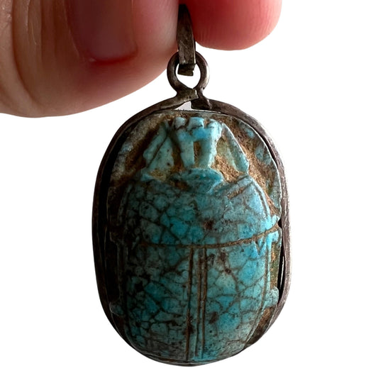 V I N T A G E // worldly beetle / very old carved turquoise scarab pendant in Egyptian sterling silver / a pendant