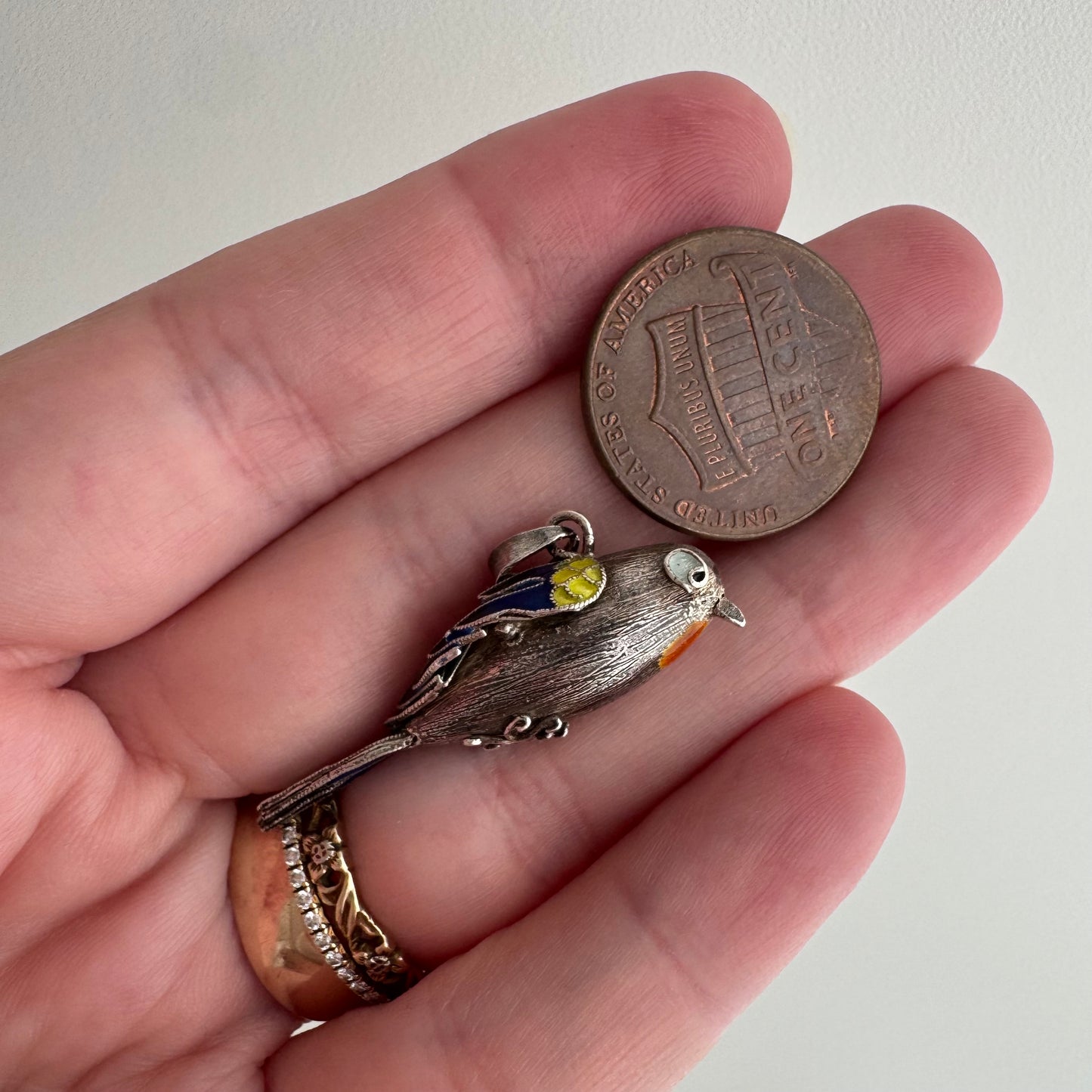 V I N T A G E // winged determination / silver and cloisonne bird / a pendant