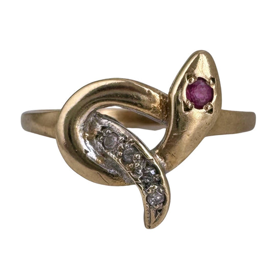 V I N T A G E // self embrace / 9k yellow gold love knot snake ring with diamonds and ruby / size 7.25 to 7.5