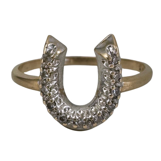 P R E - L O V E D // full of luck / 10k yellow and white gold horseshoe ring with diamonds / size 6