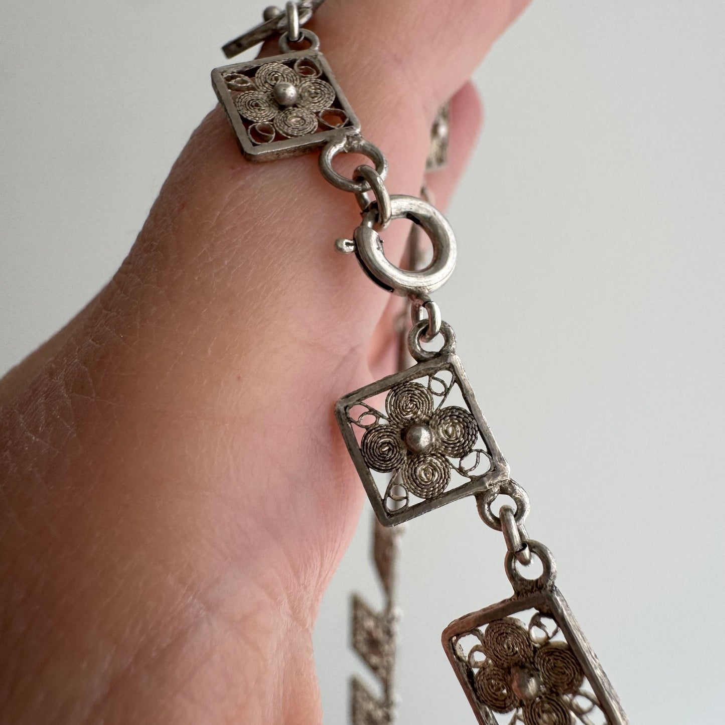 V I N T A G E // floral panels / eastern European 835 silver square floral filigree panel necklace / 17", 18g