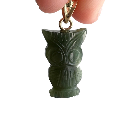 V I N T A G E // parliamentary youth / 14k and carved green stone owl / a pendant