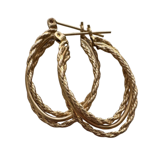 V I N T A G E // gold fiber arts / 14k twisted rope oval latch back hoop earrings / 1+ inch