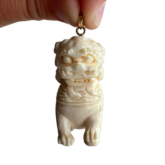 V I N T A G E // lion dragon / 14k and carved bone foo dog / a huge pendant