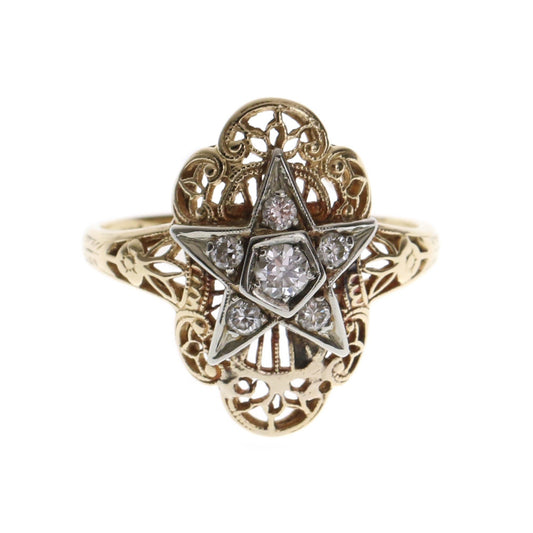 V I N T A G E // star light star bright / 14k art deco filigree / yellow gold with a white gold star and six diamonds / size 7
