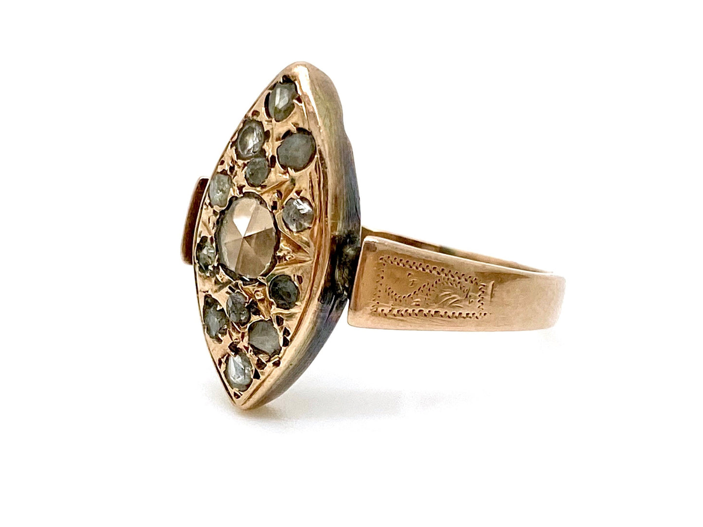 V I N T A G E // Victorian wonder / 10k yellow gold rose cut diamond navette / size 9