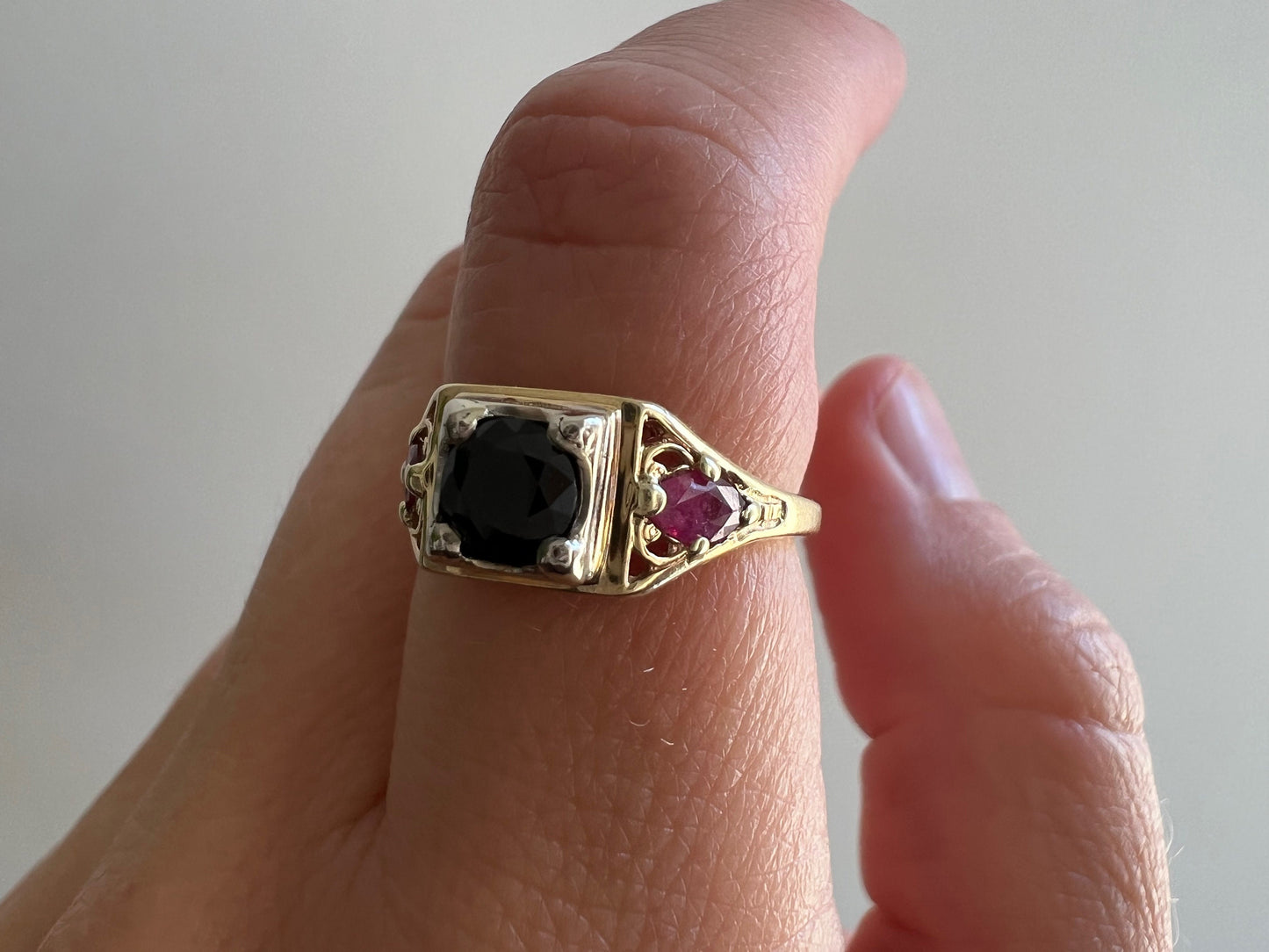 reimagined V I N T A G E // 1960s does 1920s / 14k deco revival engagement ring / yellow and white gold with black onyx and rubies / size 5