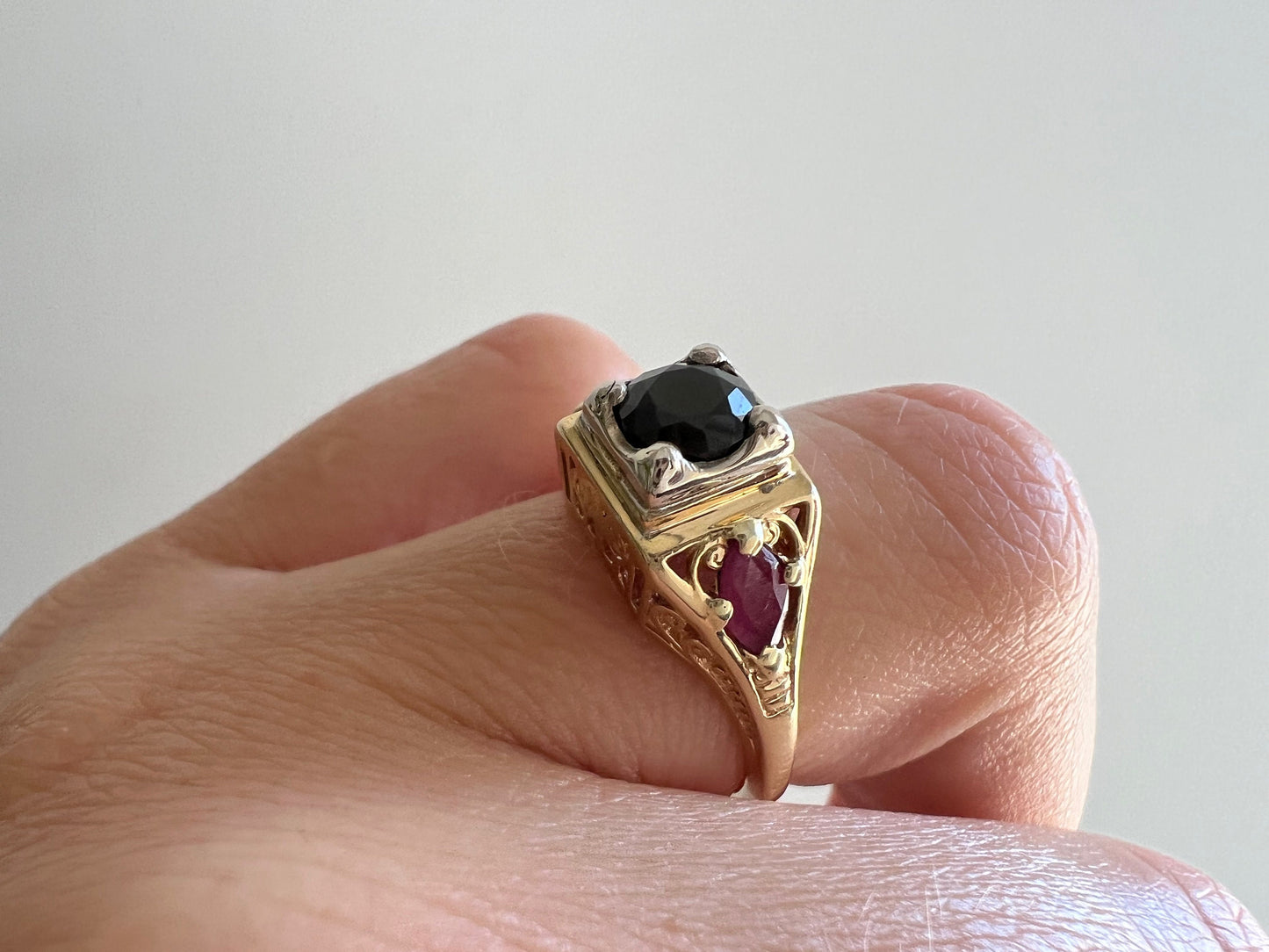 reimagined V I N T A G E // 1960s does 1920s / 14k deco revival engagement ring / yellow and white gold with black onyx and rubies / size 5