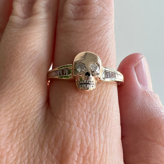 reimagined V I N T A G E // memento mori grin / 10k yellow and rosy gold with diamonds skull ring / size 9.5
