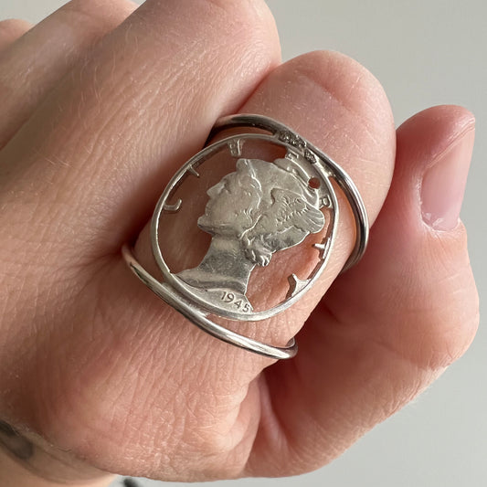 V I N T A G E // magnificent mercury / sterling silver and 800 silver mercury dime conversion ring / size 9.75