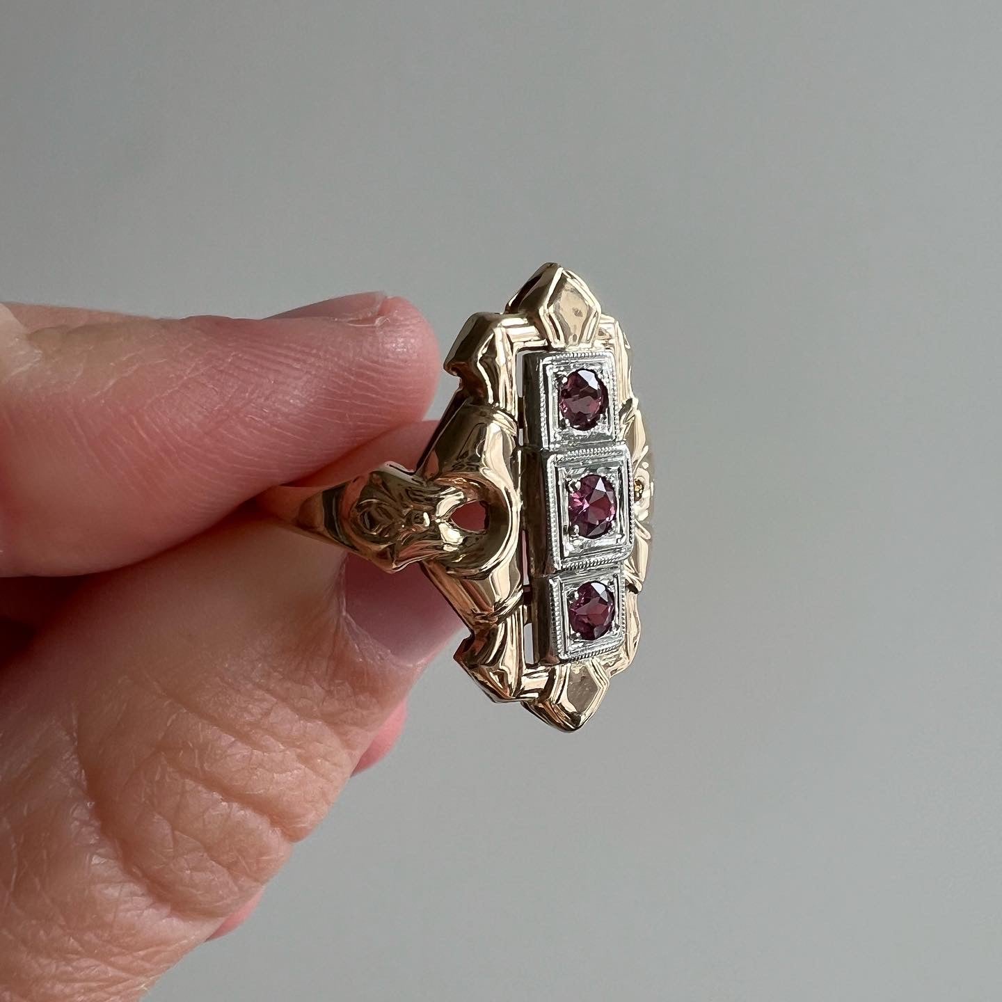 reimagined V I N T A G E // rhodolite dress up / 10k yellow and white gold with pink rhodolite garnets / 1940s does 1920s art deco / size 7
