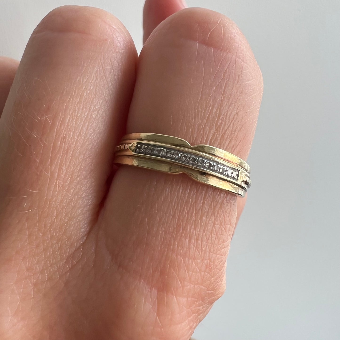 V I N T A G E // boldly delicate / 10k yellow and white gold ring w/ diamonds / size 7.25