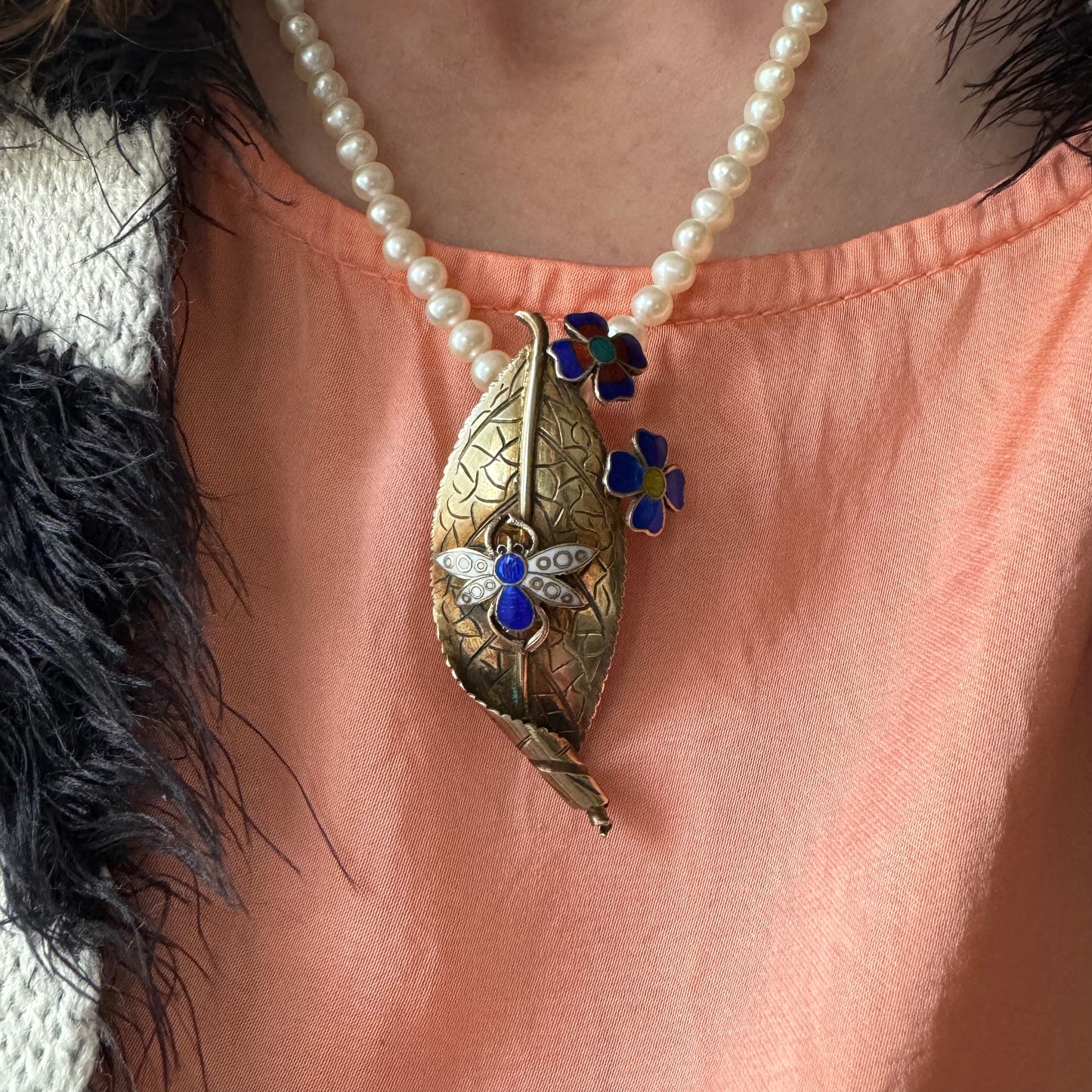 V I N T A G E // wearable ecosystem / sterling silver and enamel leaf, flowers, and bug / a brooch pendant