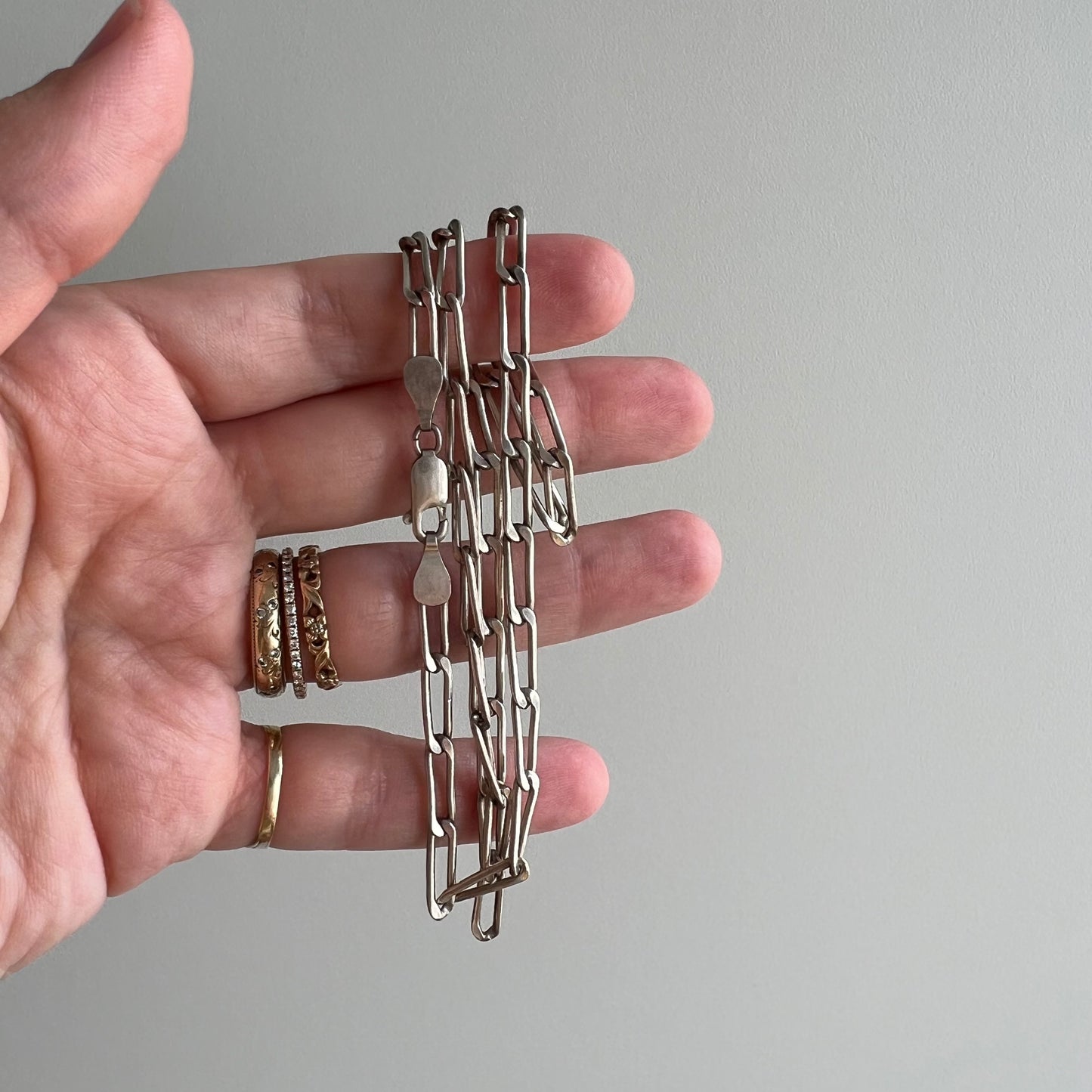 V I N T A G E // paperclip links // sterling silver flat paperclip chain / just over 18" long / just under 4mm wide