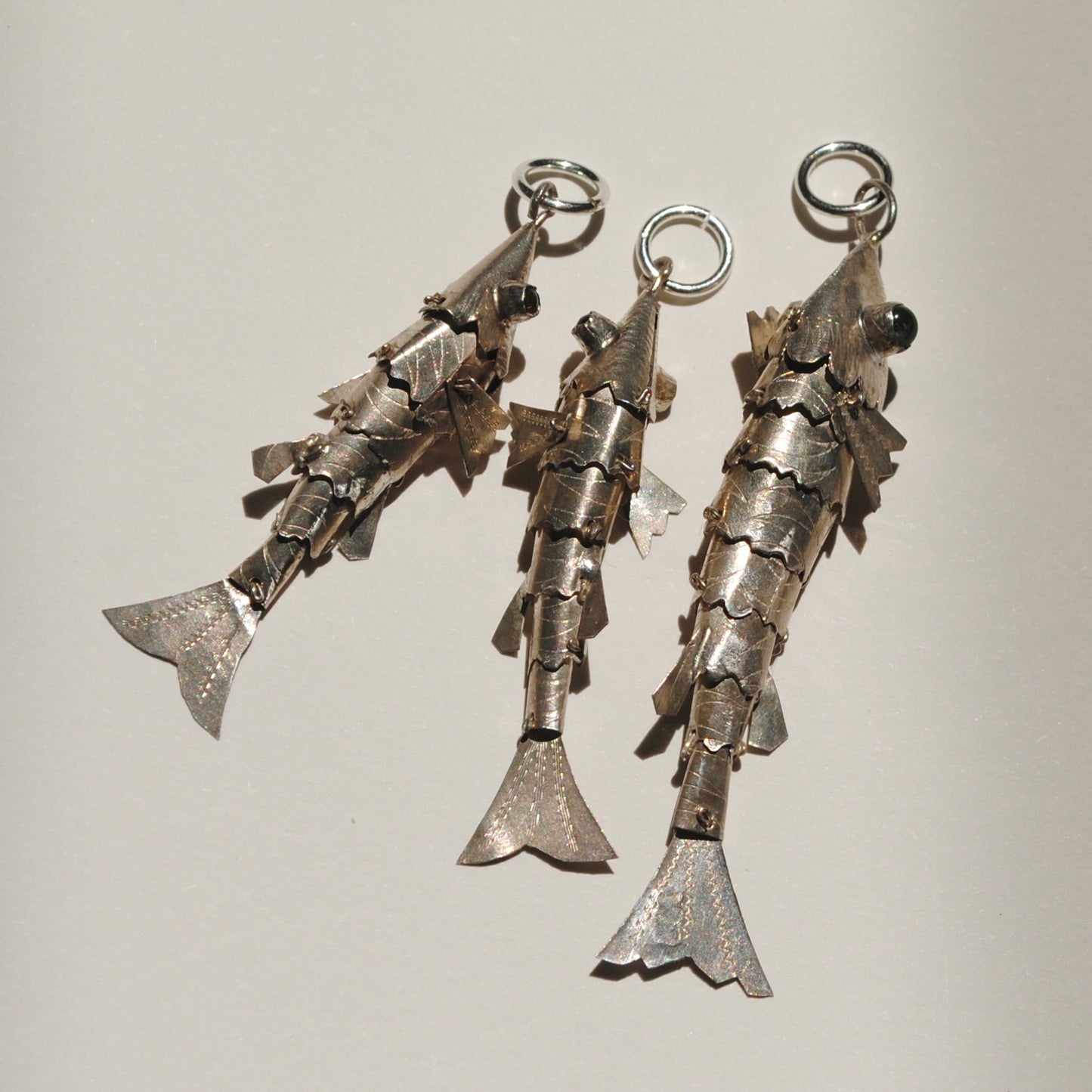 V I N T A G E // lucky catch / sterling silver articulated wiggle fish pendants