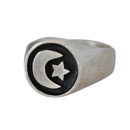 V I N T A G E // waxing or waning crescent / sterling silver chunky round crescent and star signet / size 11.25