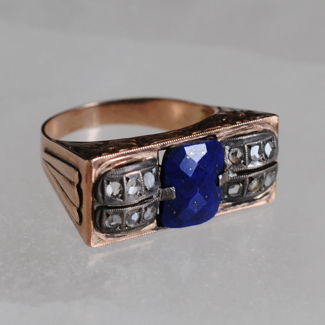 V I N T A G E // forget me not machinery / 10k rose gold tank ring with floral engraving / lapis with rose cut diamonds / size 7.5
