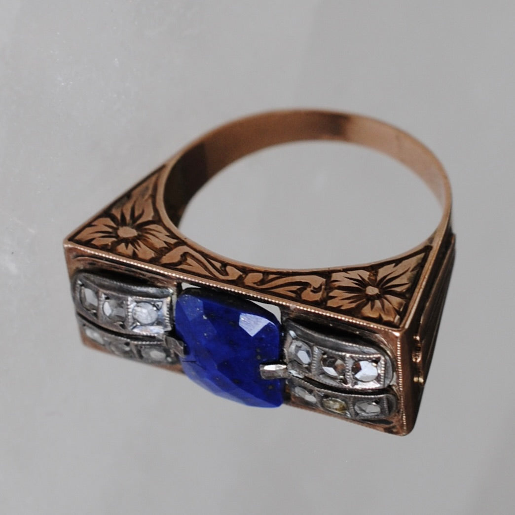 V I N T A G E // forget me not machinery / 10k rose gold tank ring with floral engraving / lapis with rose cut diamonds / size 7.5