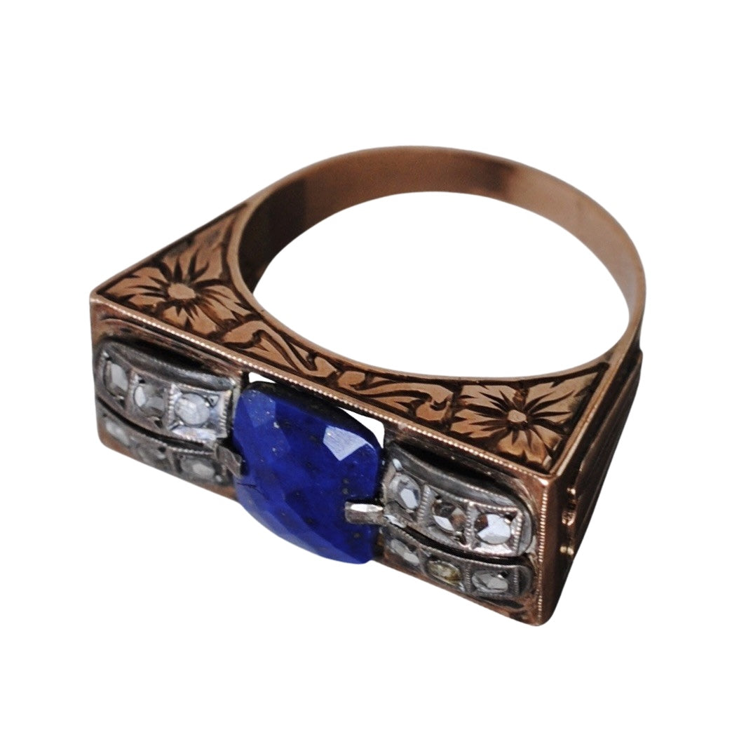 V I N T A G E // forget me not machinery / 10k rose gold tank ring with floral engraving / lapis with rose cut diamonds / size 7.5