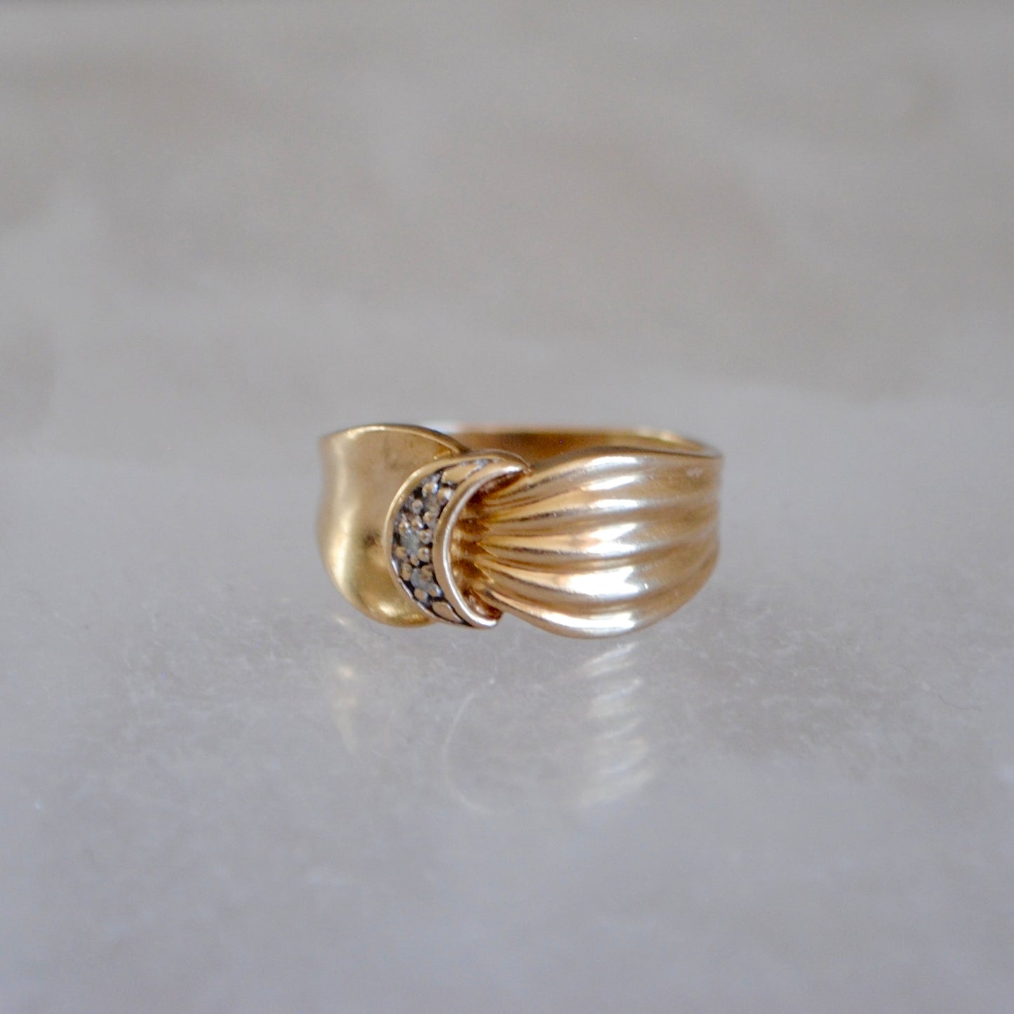 V I N T A G E // held by the moon / 10k and diamond crescent moon ring / size 6.25