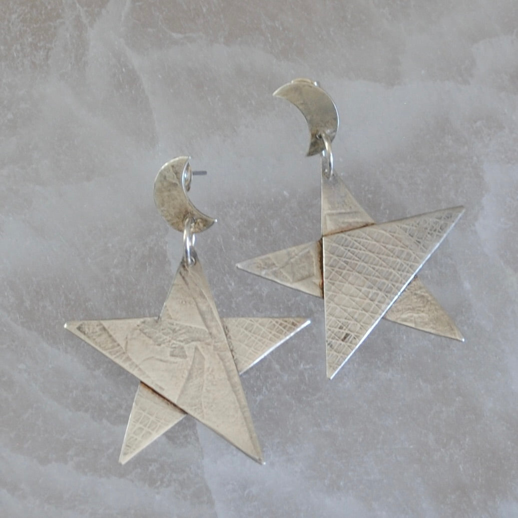 V I N T A G E // Memphis era stars / 1980s sterling silver moon and stars / dangle post earrings