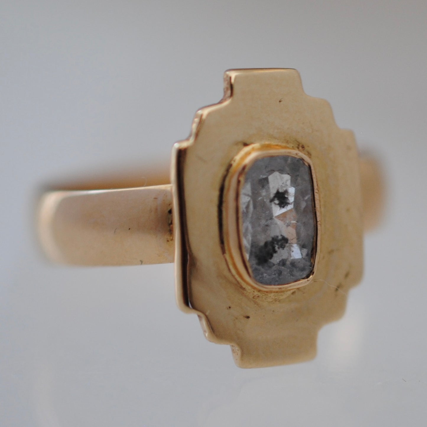 H A N D M A D E / upside down rose cut from The Rajah Press / 14k shield ring with a rose cut diamond / size ~7.5